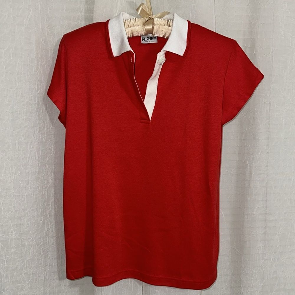 KORET M-L Red White Vintage Tennis Golf One Button Cap Sleeve Polo Top - Picture 7 of 10
